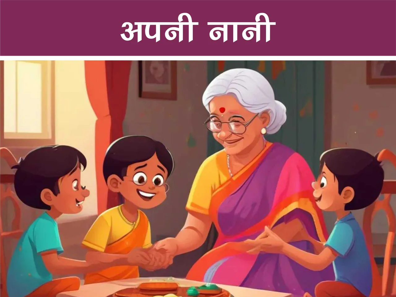 cartoon image of kids with their grandmother