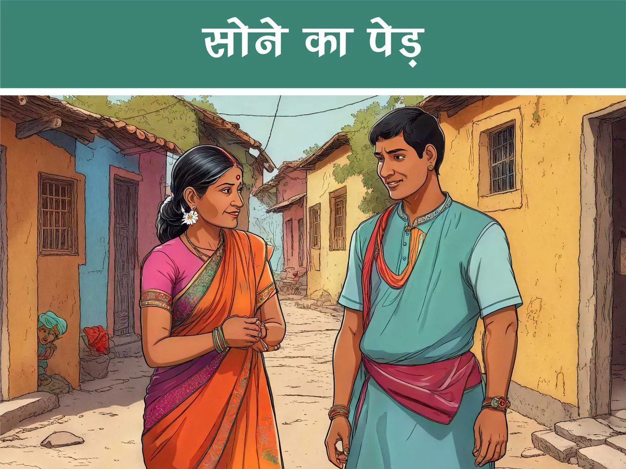 cartoon image of indian village women with her son
