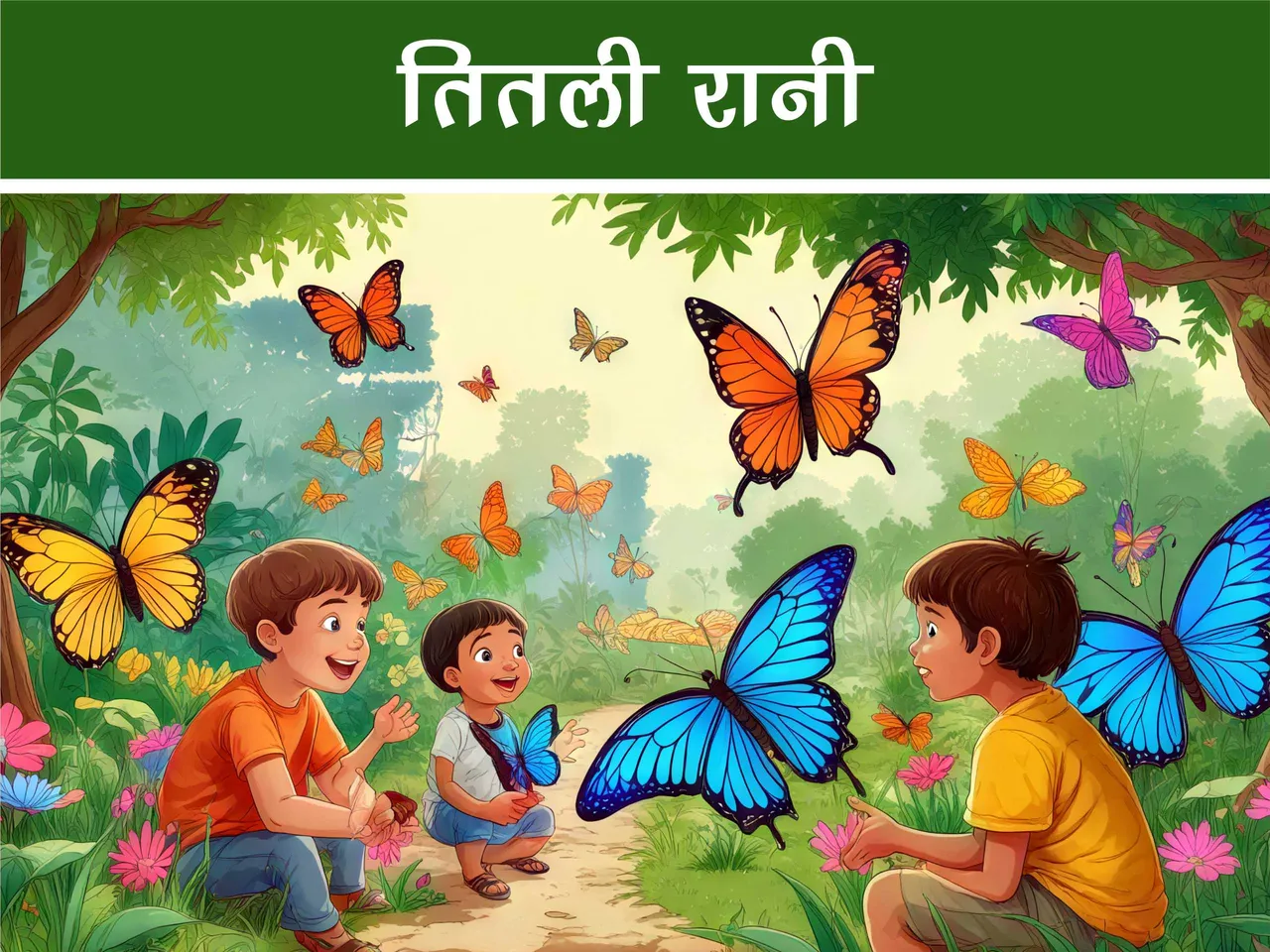 cartoon image of kids playing with butterflies