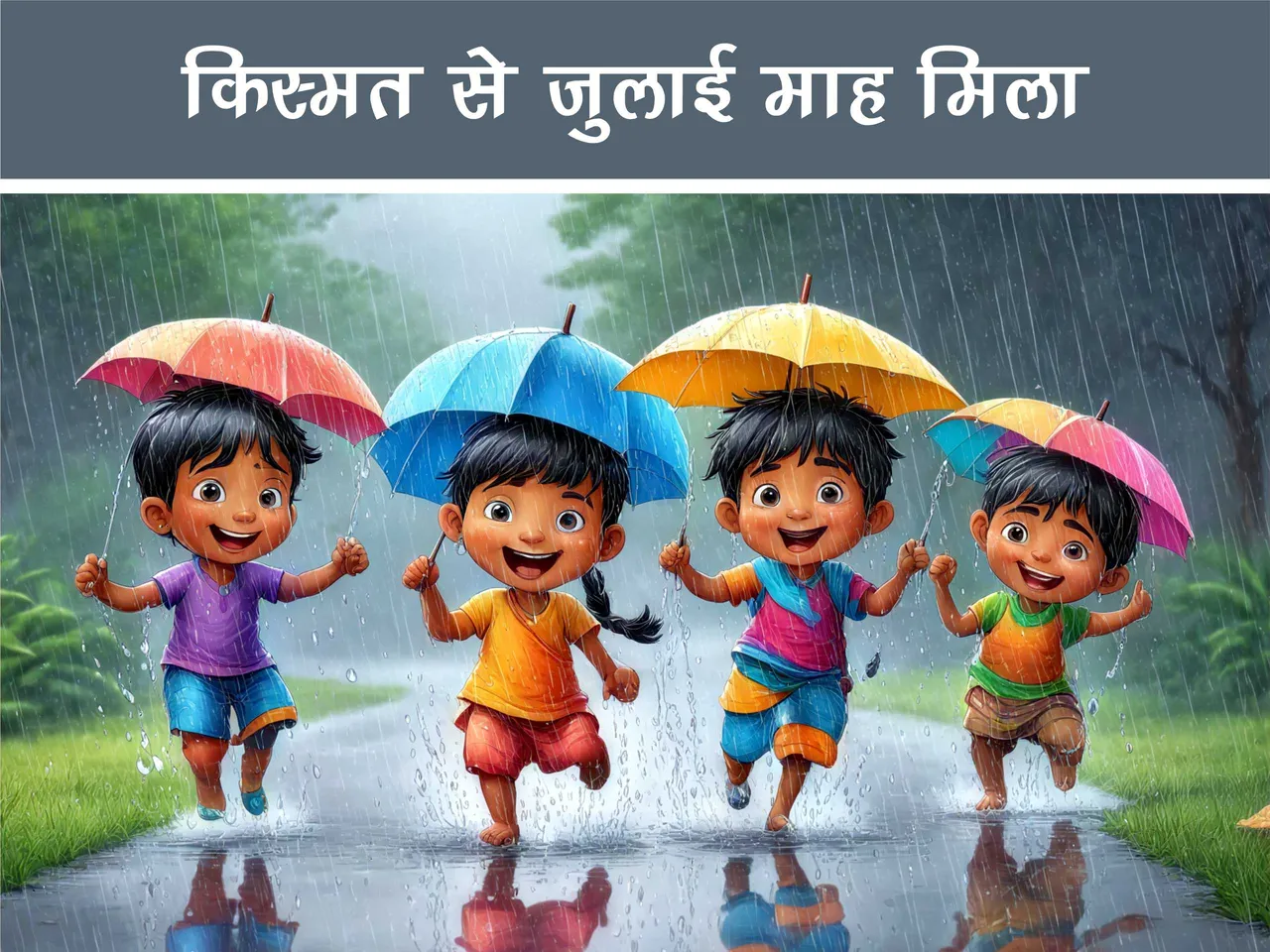 cartoon image of kids playing in rain