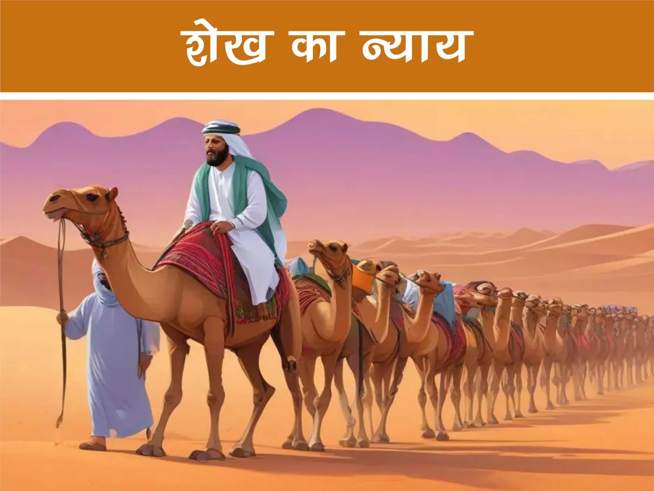 Cartoon image of sheikh travelling on camel in dessert