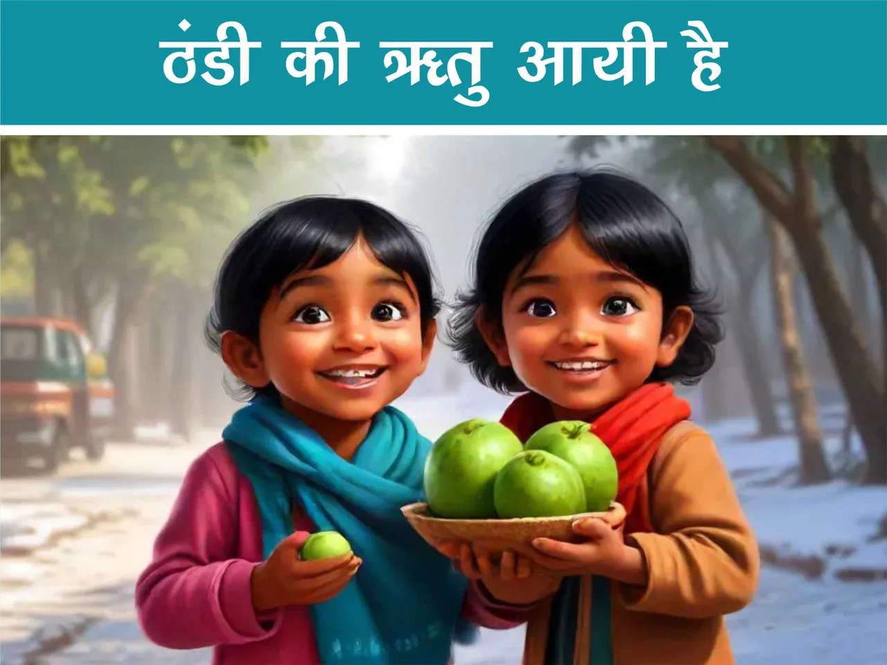kids with guava in hand cartoon image