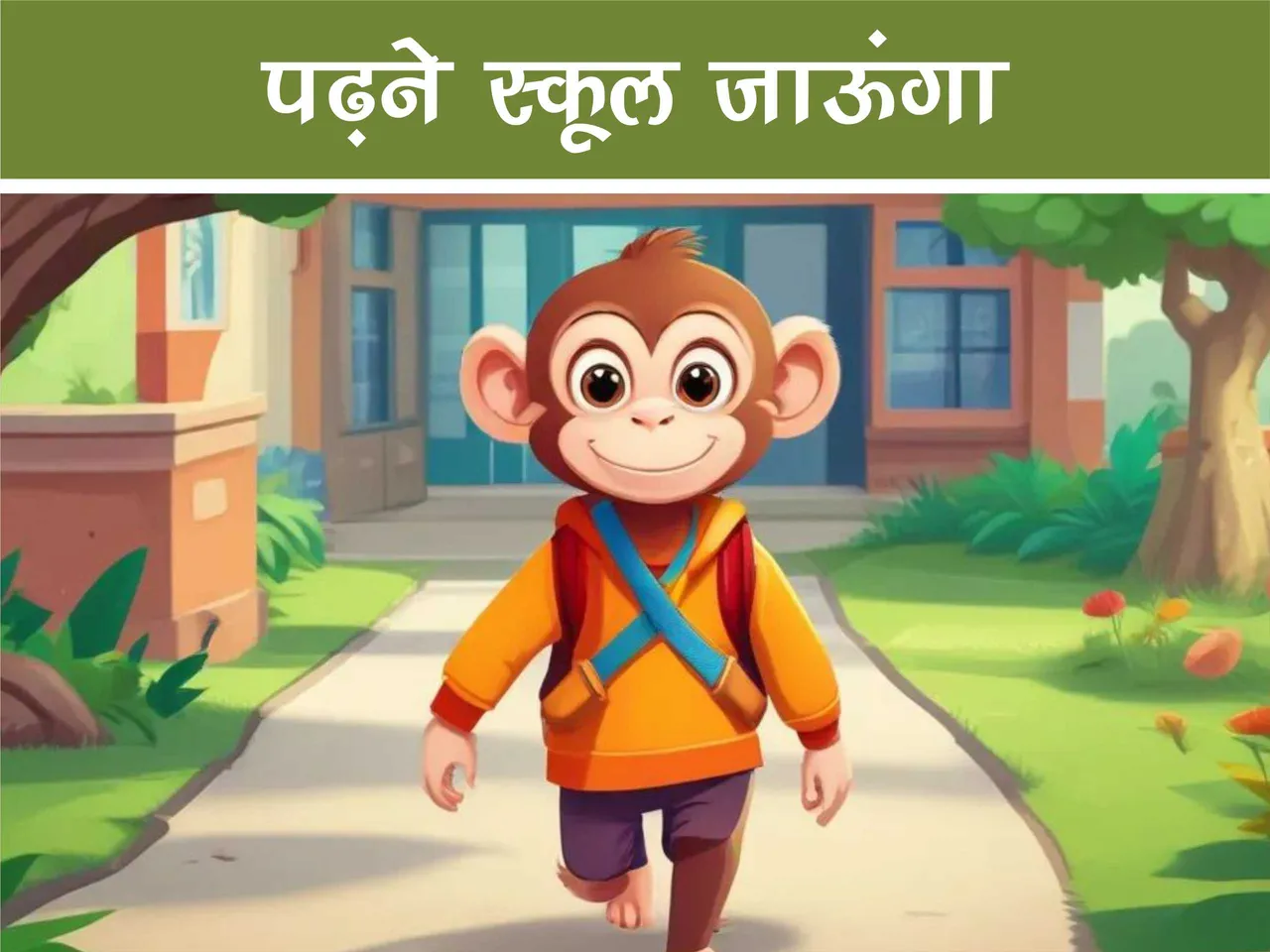 cartoon image of a monkey going to school