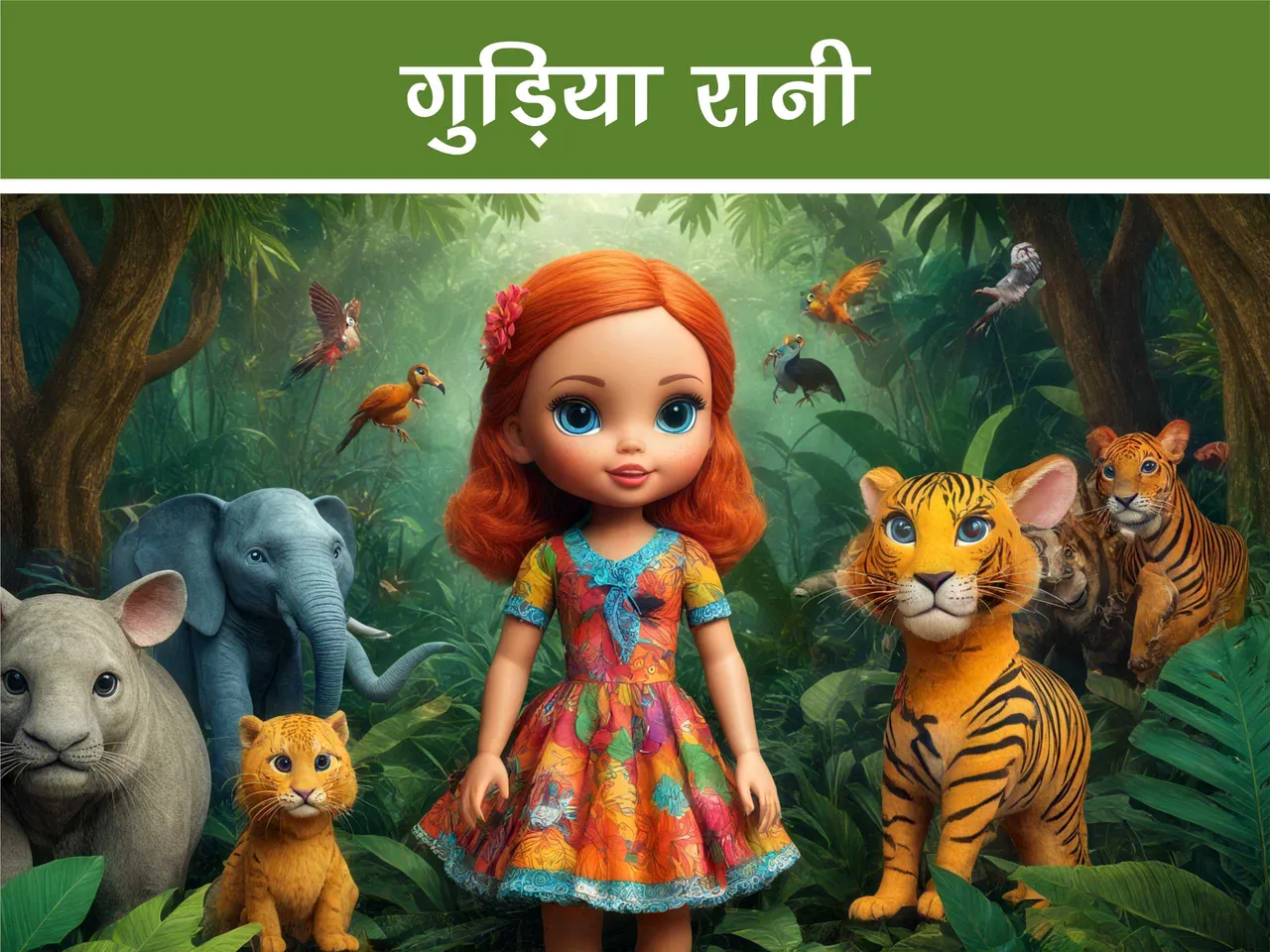 Cartoon image of a doll in jungle