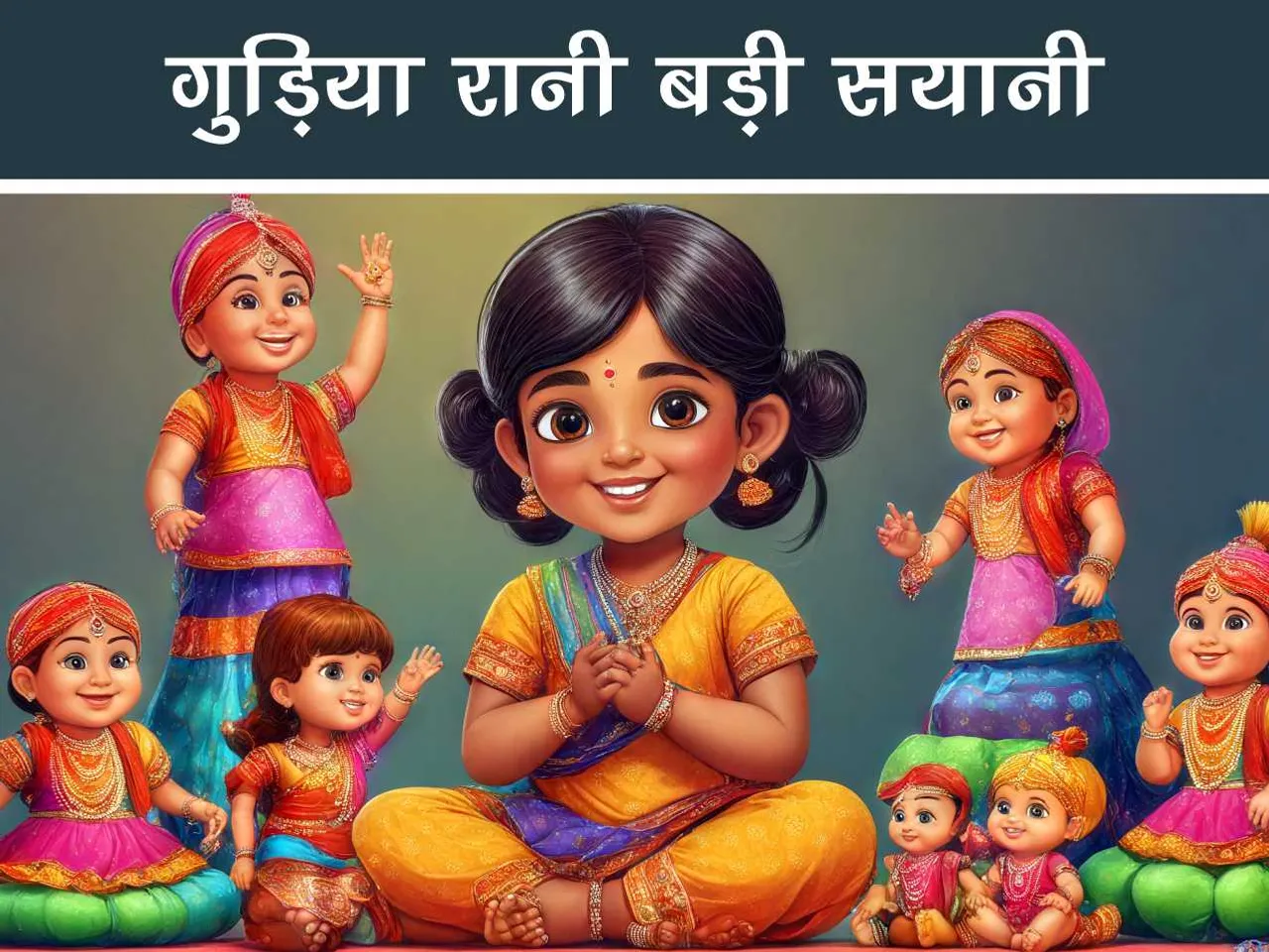 cartoon image of indian girl kid playing with dolls