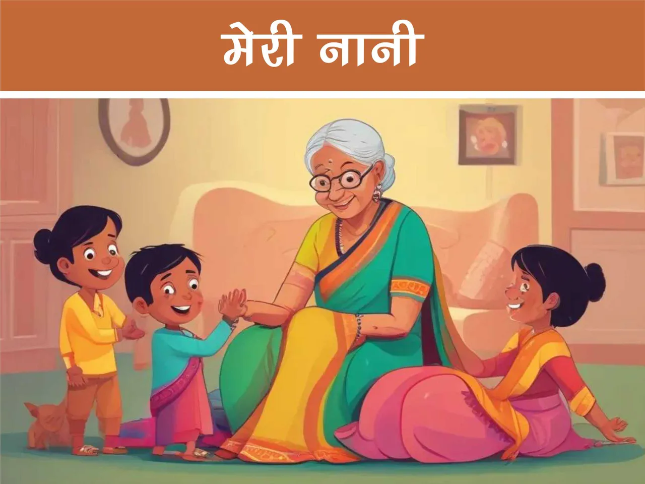 cartoon image of kids playing with their grandmother