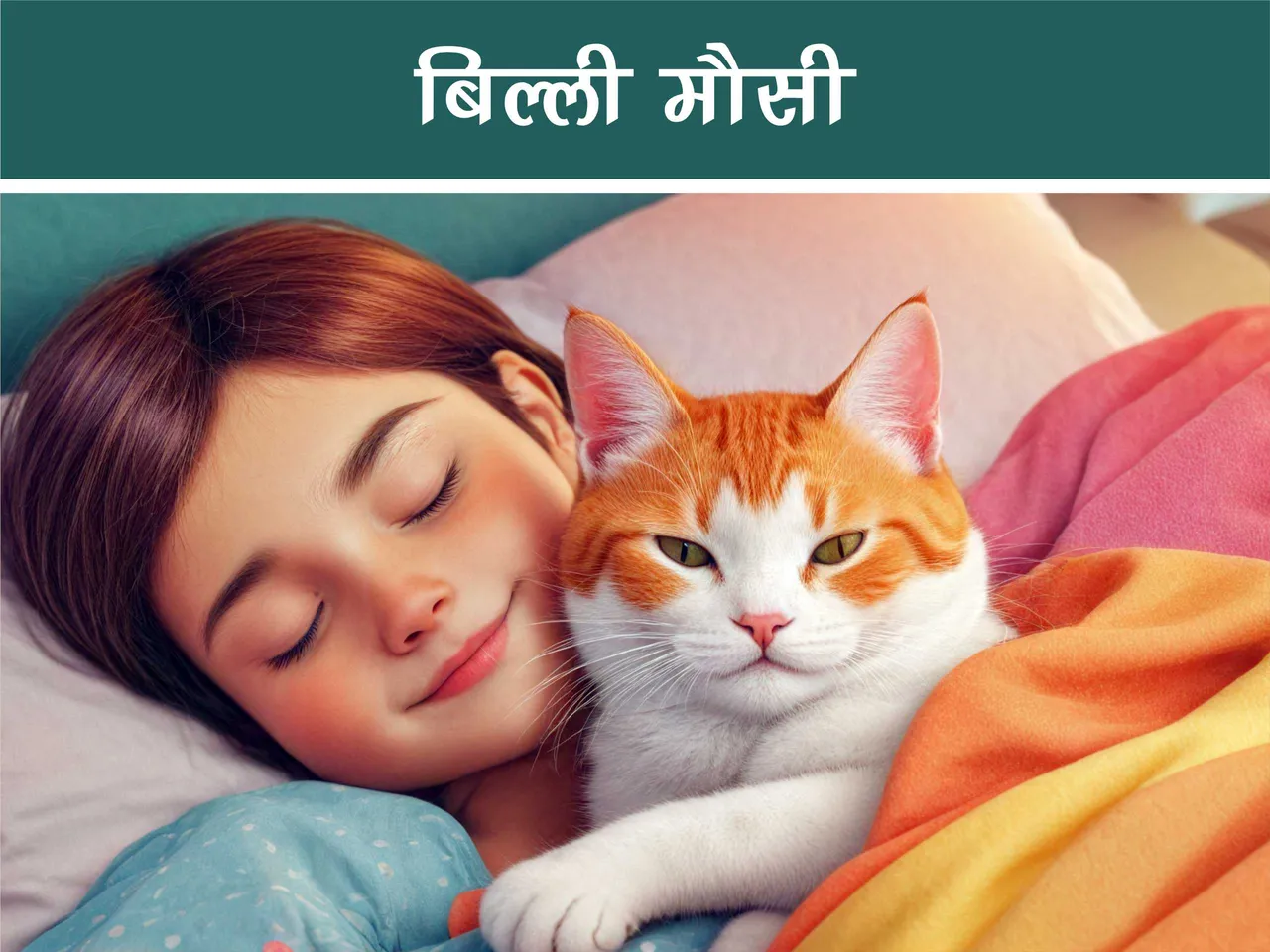 cartoon image of a cat sleeping next to a kid on bed