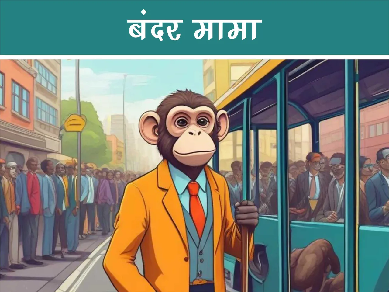 cartoon image of a monkey standing on a bus stop