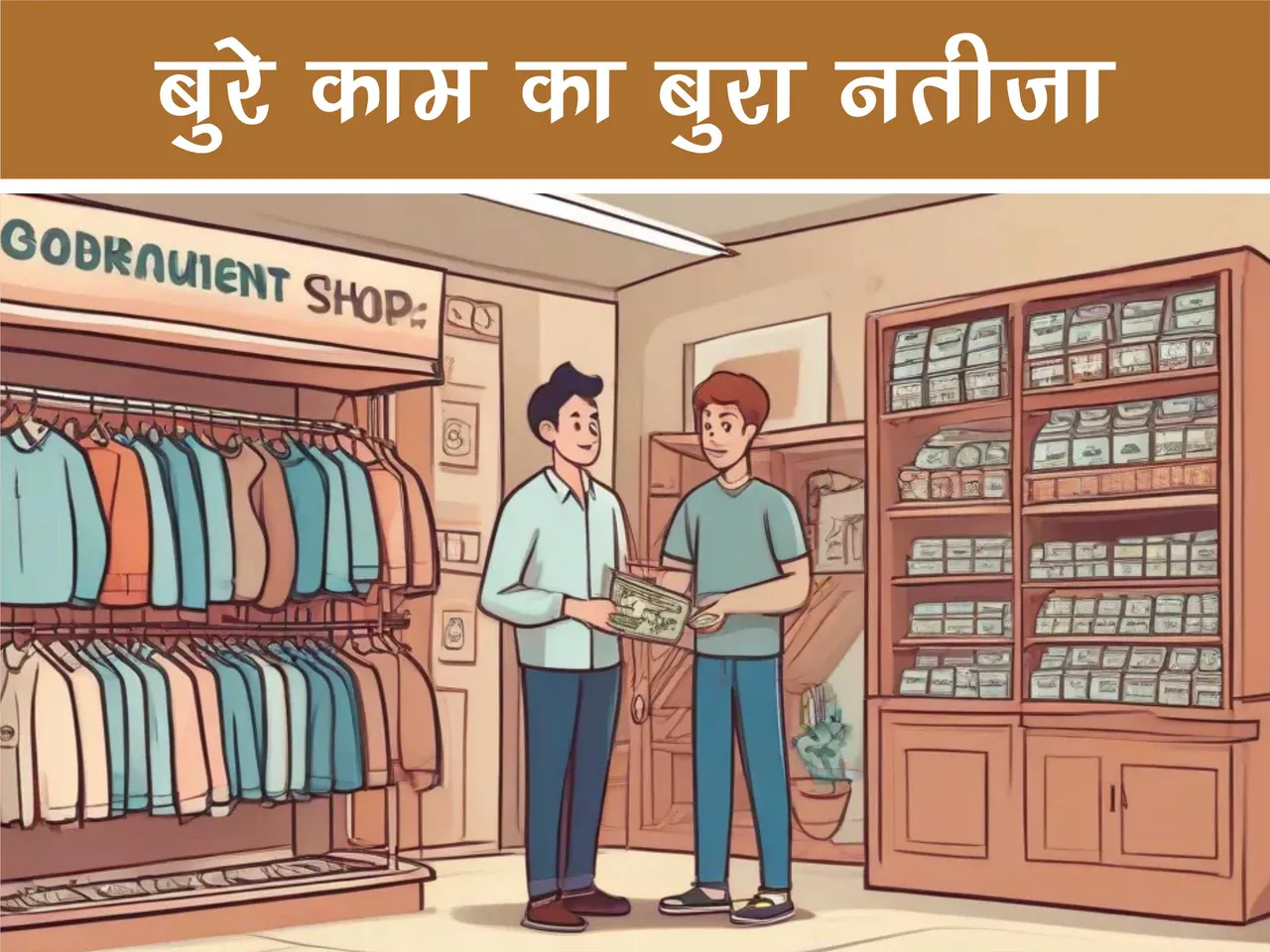 Father and son in garment shop cartoon image