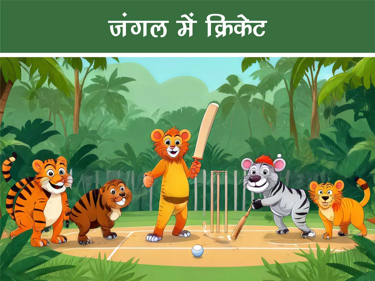 cartoon image of jungle animals playing cricket
