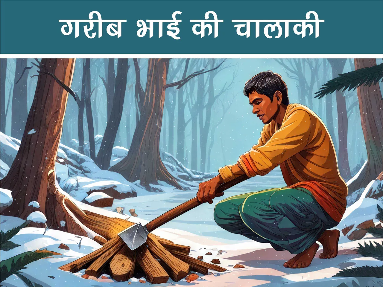 cartoon image of a man cutting woods in winter