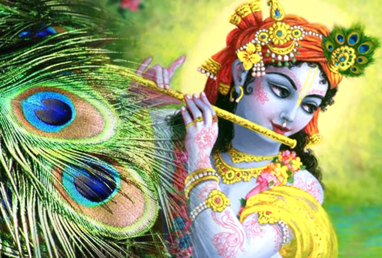 Why is peacock feather decorated on Lord Krishna's head