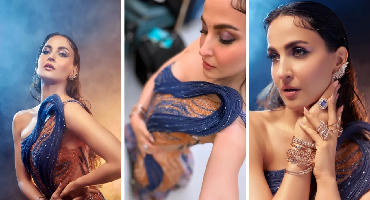 Elli AvrRam's glamorous look - looked stunning in blue and orange outfit