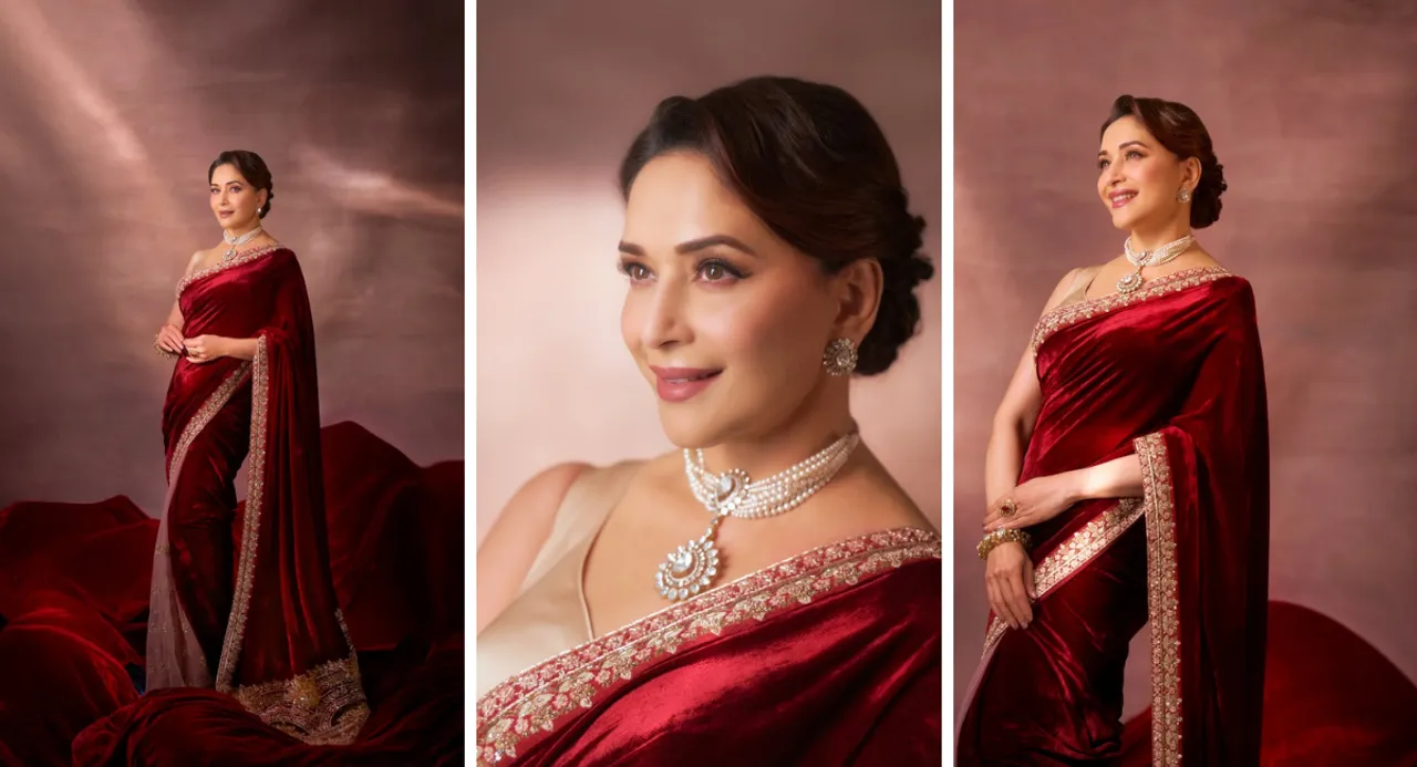 Madhuri Dixit: The actress looked royal and glamorous in a wine-red velvet saree