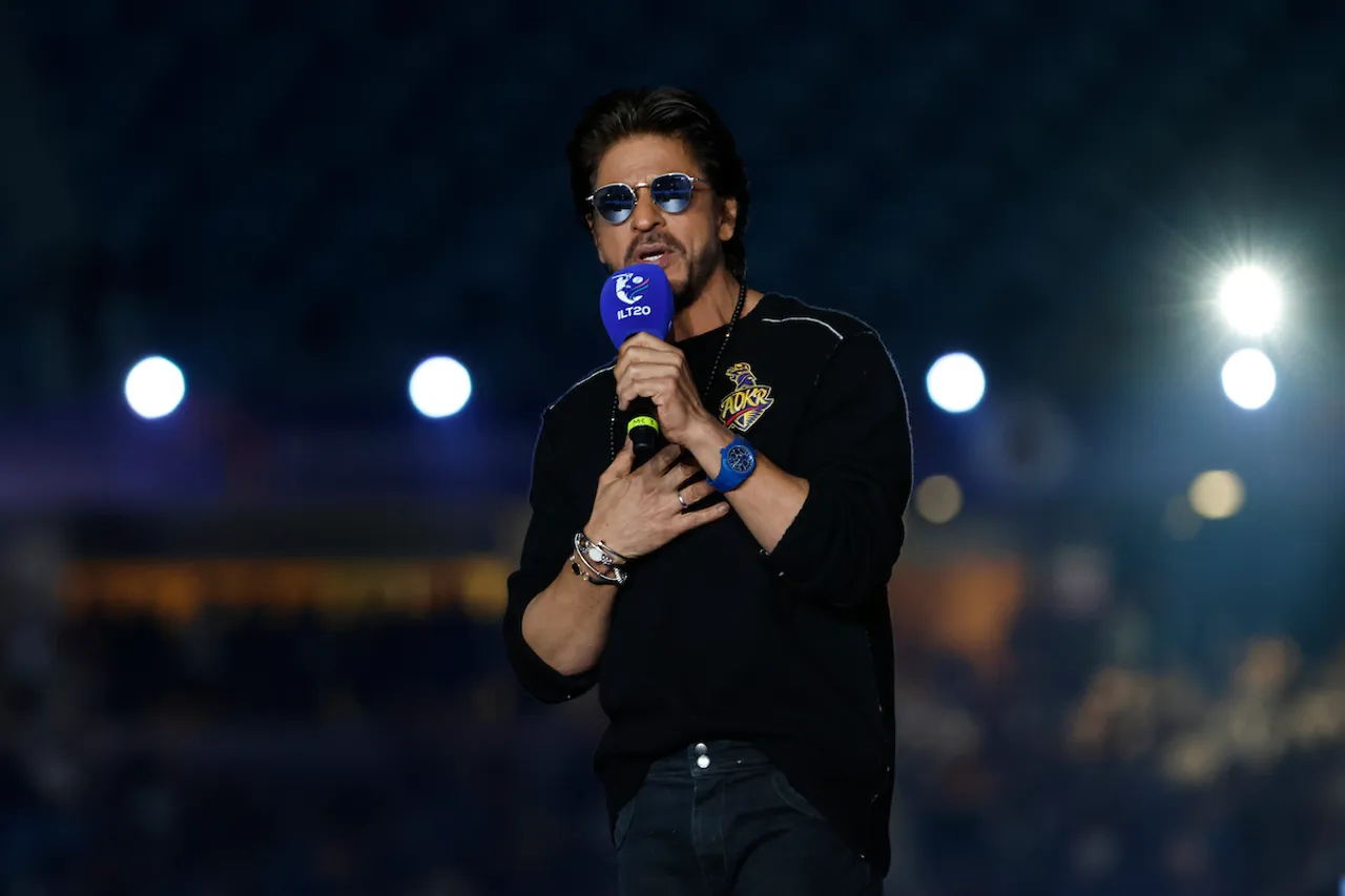 Bollywood superstar and co-owner of the Abu Dhabi Knight Riders Shah Rukh Khan speaks during the DP World ILT20 opening ceremony