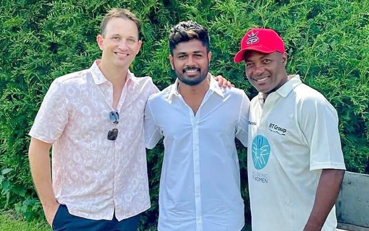 Shane Bond, Sanju Samson and Brian Lara (Source - Twitter)