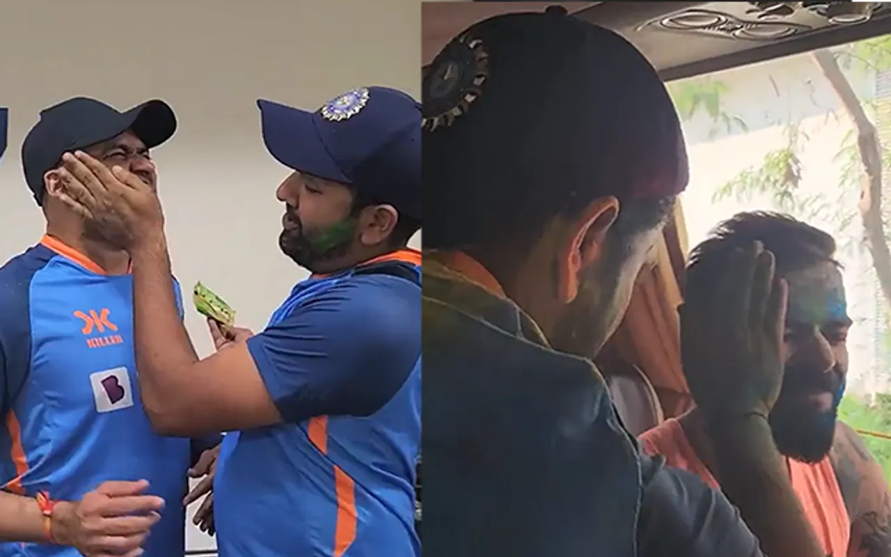 Rohit Sharma applying colors on Indian players including Virat Kohli (Source - Twitter)