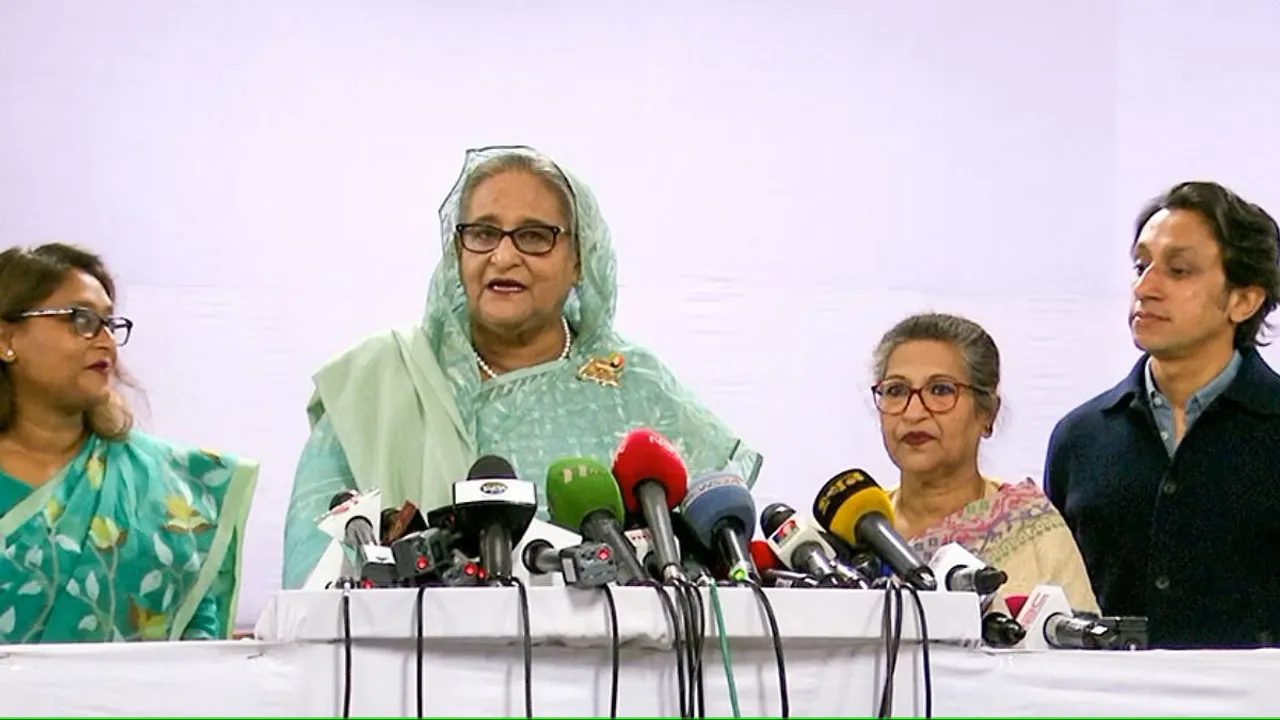Bangladesh Prime Minister Sheikh Hasina addressing press conference after casting her vote in the country's general elections, in Dhaka