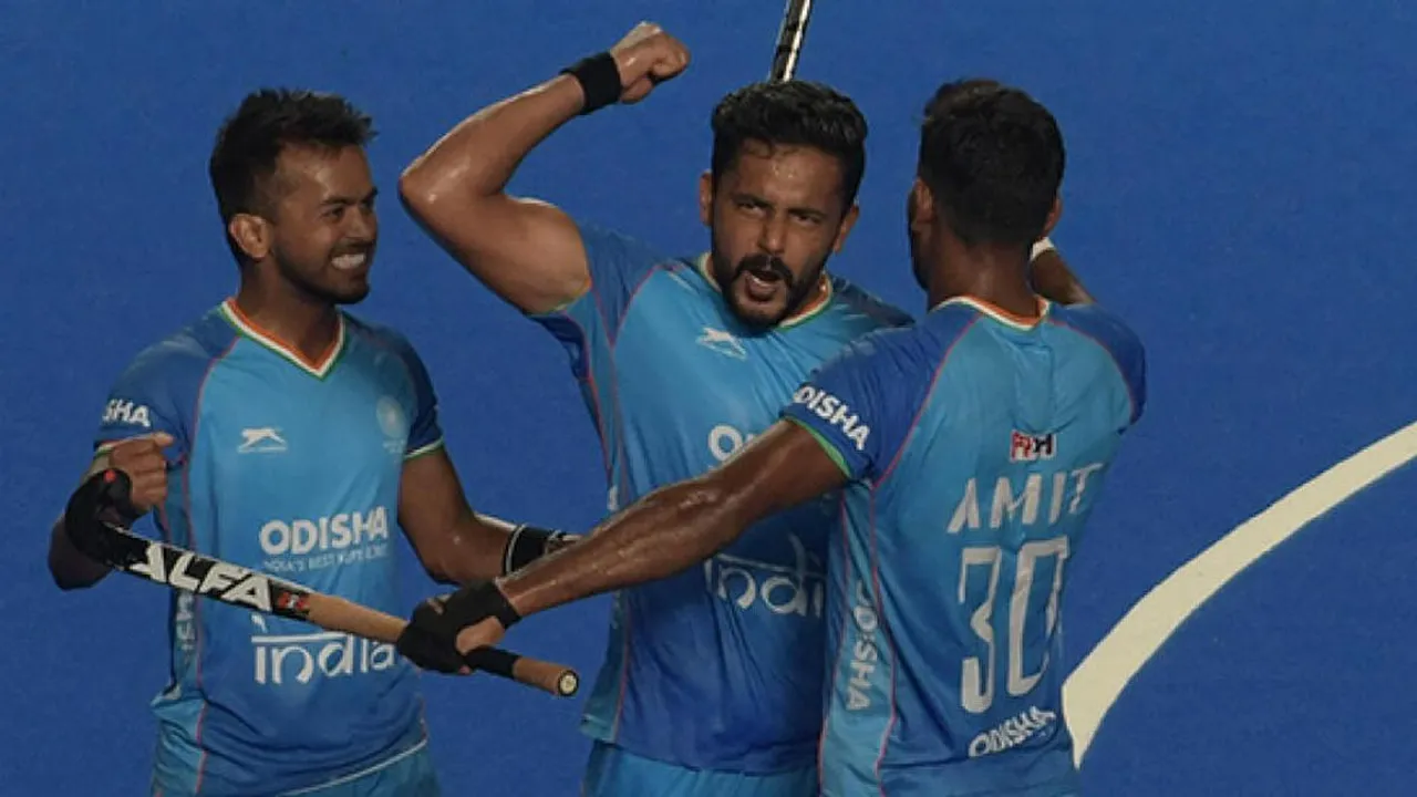 Harmanpreet Singh of India celebrates with teamates after scoring a goal against Pakistan during the Hero Asian Champions Trophy