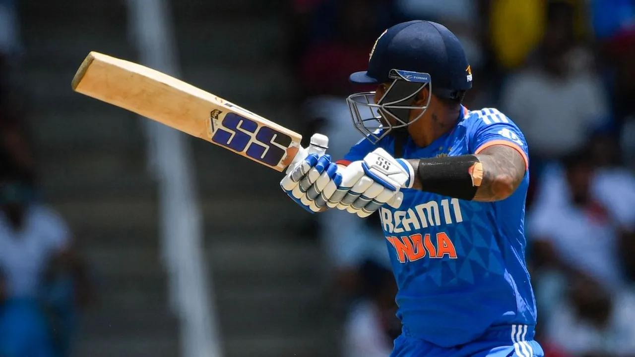 Surya Kumar Yadav playing shot against West Indies in 3rd T20I on Tuesday