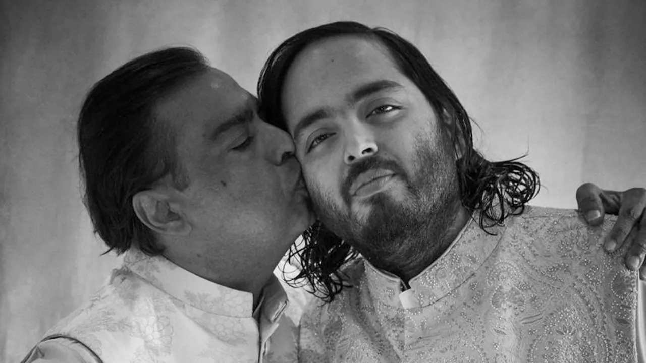 Mukesh Ambani with his son Anant Ambani at pre-wedding events of Anant Ambani and Radhika Merchant, in Jamnagar