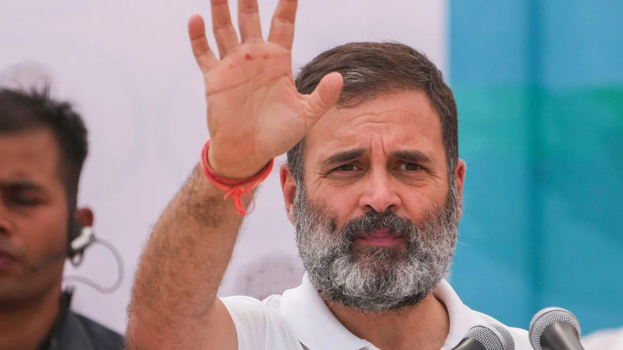 Congress leader Rahul Gandhi addresses during a public meeting for Lok Sabha elections, in Raebareli, Monday, May 13, 2024