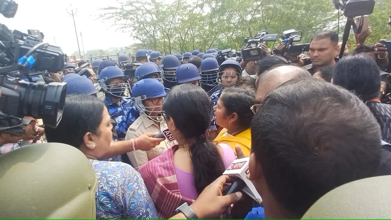 Union Minister Annapurna Devi along with BJP's Protima Bhoumik being stopped by forces from entering Sandeshkhali in the North 24 Parganas of West Bengal on Friday, February 16, 2024.
