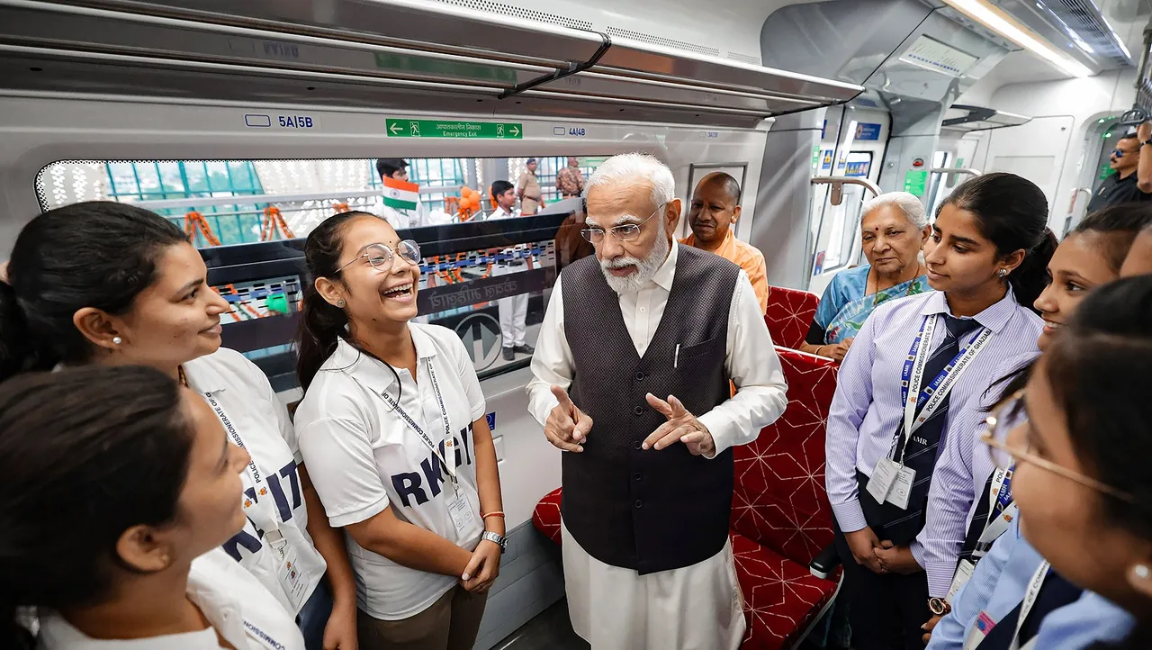 Prime Minister Narendra Modi interacts with school children at Regional Rapid Train Namo Bharat, in Sahibabad, Uttar Pradesh, Friday