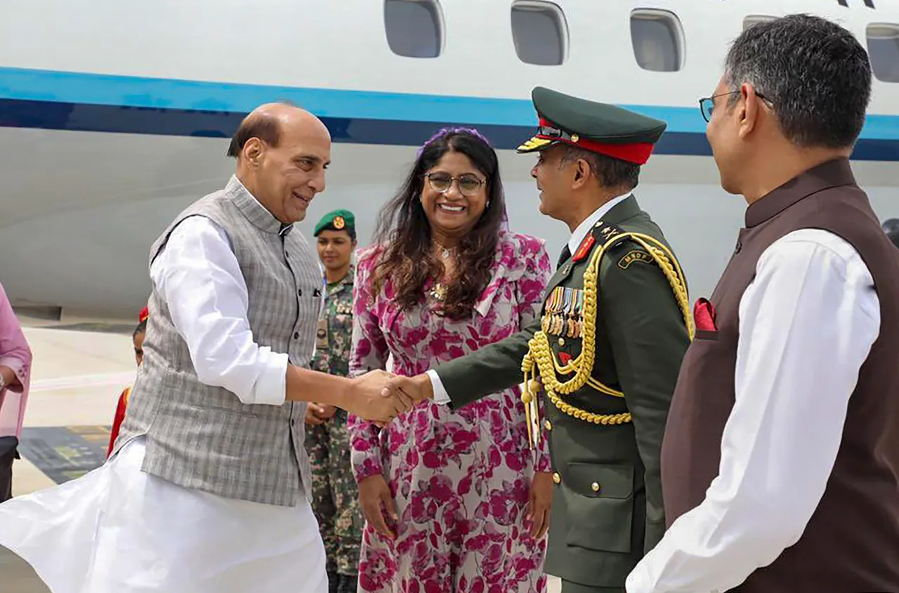 Defence Minister Rajnath Singh being welcomed upon his arrival in Male, Maldives