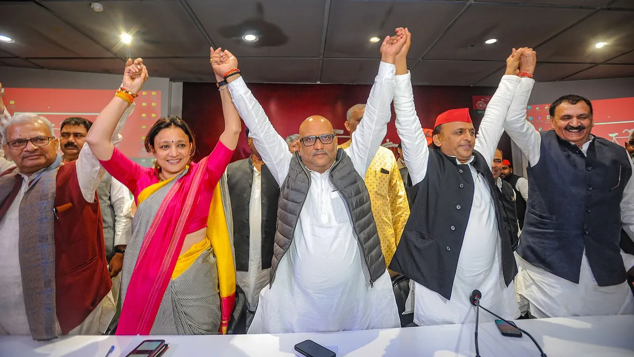 Samajwadi Party (SP) President Akhilesh Yadav, UP Congress President Ajay Rai and other leaders during a meeting of Indian National Developmental Inclusive Alliance (INDIA) ahead of the Lok Sabha elections, at SP office in Lucknow