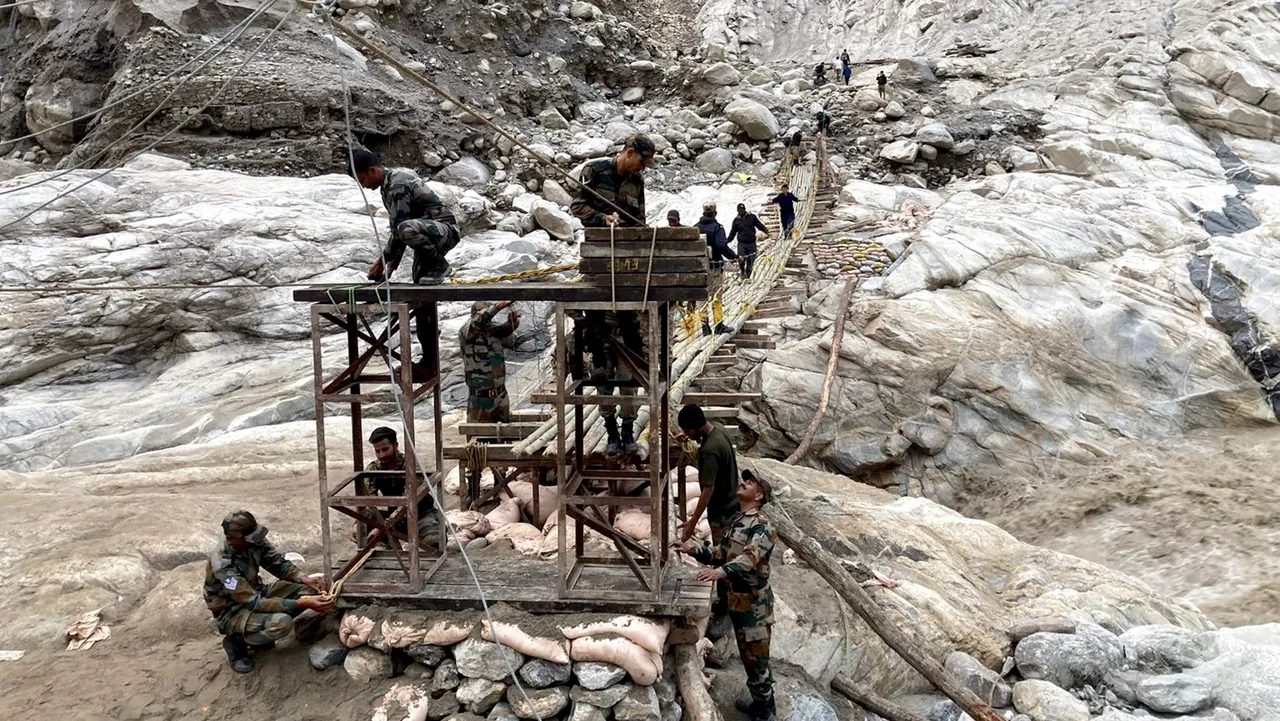 A bridge being constructed to reconnect flood-affected North Sikkim to rest of the state