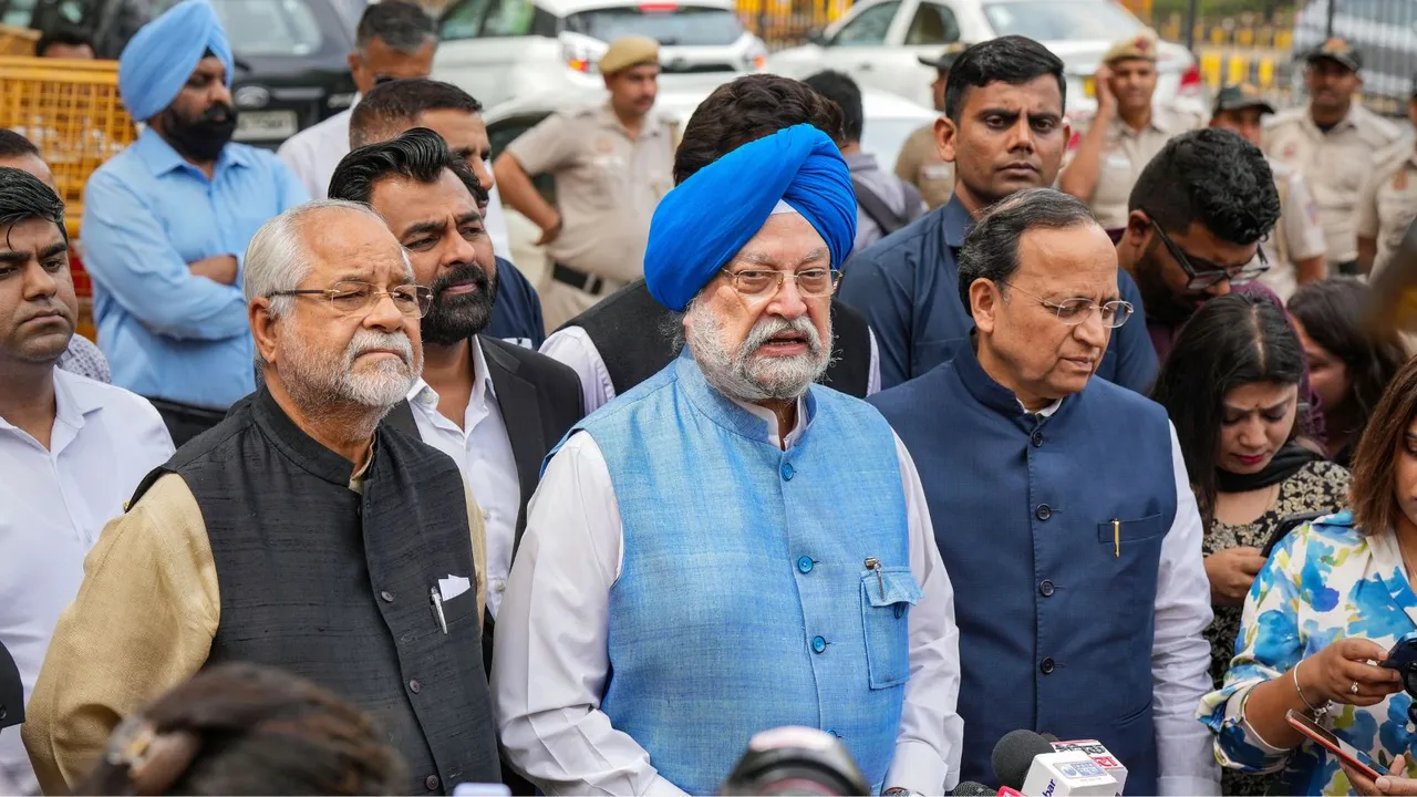 BJP delegation comprising Union Minister Hardeep Singh Puri and senior BJP leaders Arun Singh and Om Pathak address the media after meeting the Election Commission of India, at Nirvachan Sadan in New Delhi