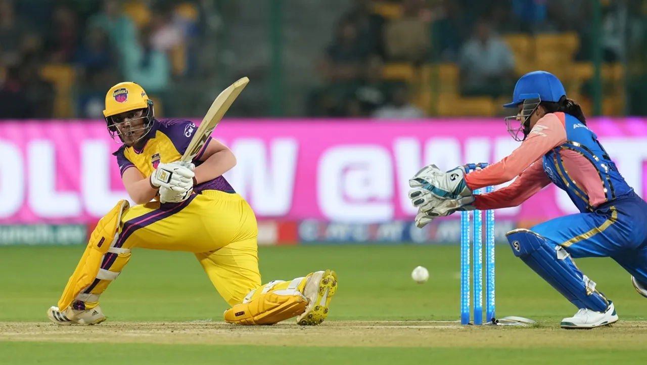 Kiran Navgire plays a shot during the Women's Premier League T20 Cricket match between Mumbai Indians and UP Warriors