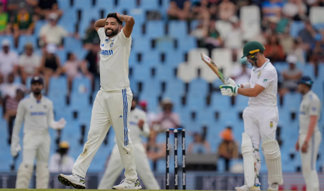Mohammed Siraj reacts after bowling a delivery on the third day of the first Test cricket match between India and South Africa