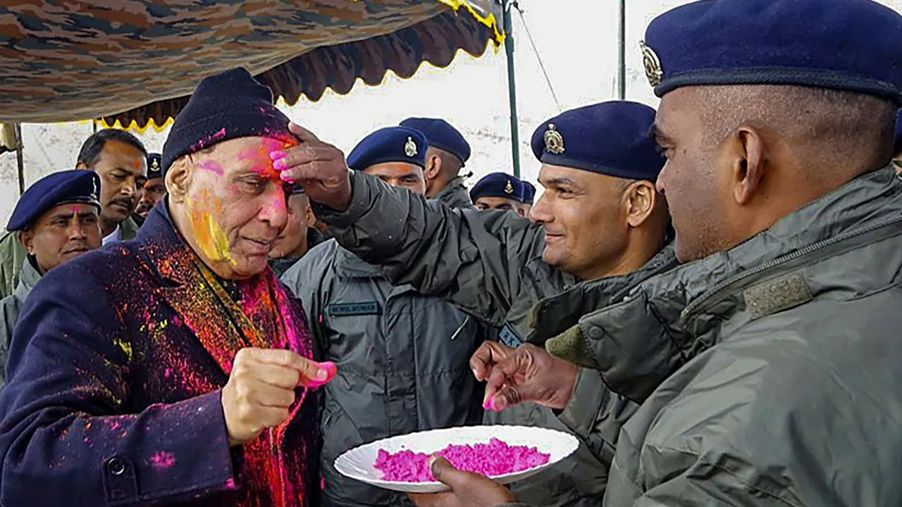 Defence Minister Rajnath Singh celebrates Holi festival with Armed Forces personnel, in Leh