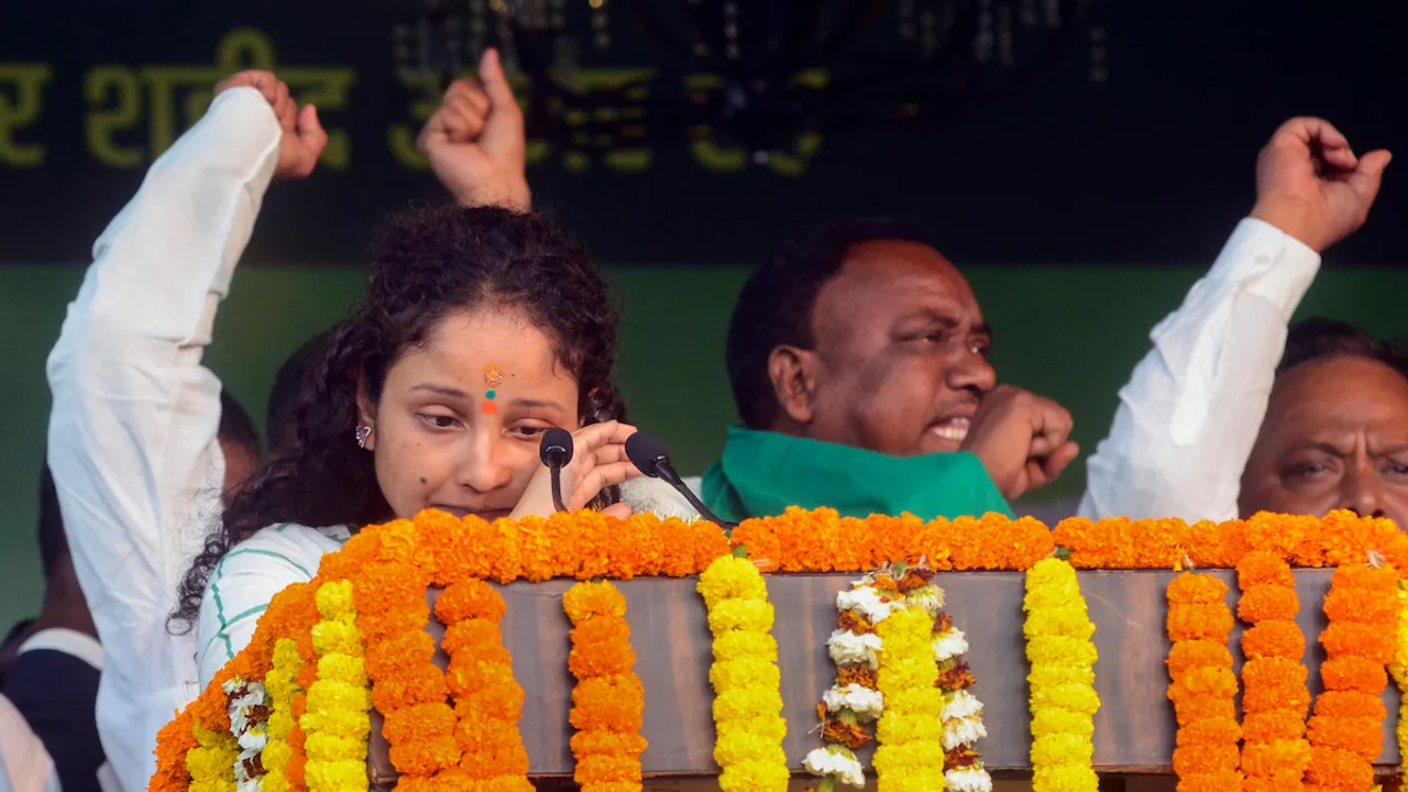 Kalpana Soren gets emotional at the 51st foundation day function of Jharkhand Mukti Morcha (JMM), in Giridih district of Jharkhand, Monday, March 4, 2024.