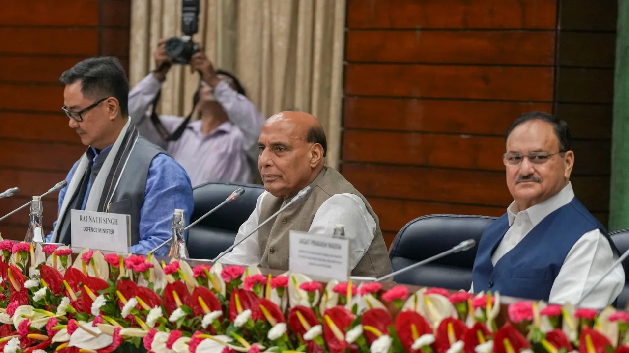 Defence Minister Rajnath Singh, Union Minister for Parliamentary Affairs Kiren Rijiju and Union Minister Jagat Prakash Nadda during the all-party meeting ahead of the Budget session of Parliament, in New Delhi, Sunday, July 21, 2024.