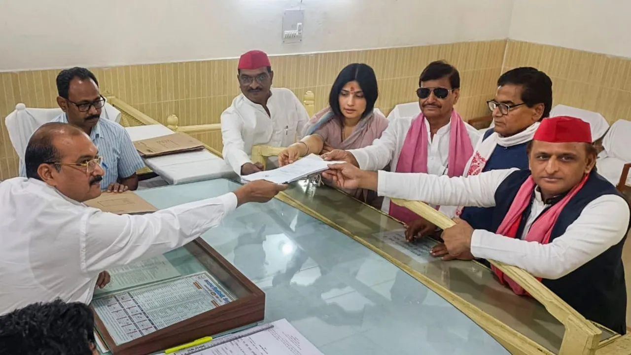 Samajwadi Party candidate Dimple Yadav files her nomination papers for the Lok Sabha elections in the presence of party President Akhilesh Yadav and party leaders Ram Gopal Yadav and Shivpal Singh Yadav, in Mainpuri