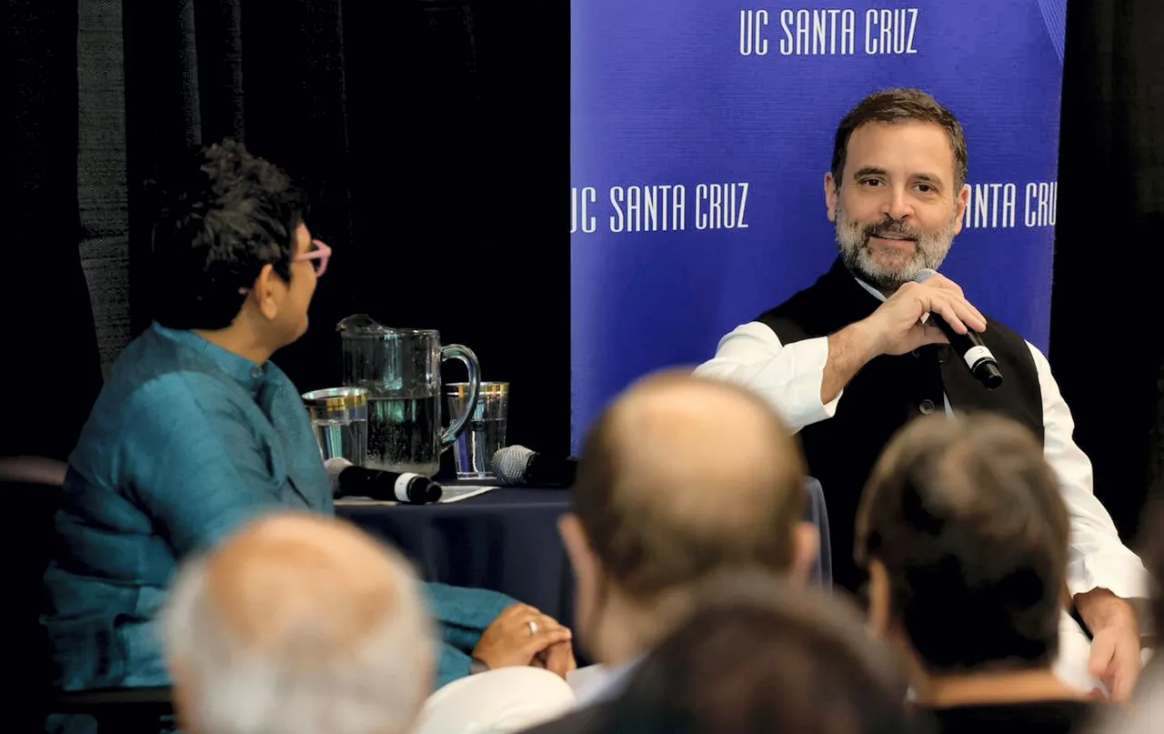 Congress leader Rahul Gandhi speaks during an interaction with activists, academics and others at the University of California, in Santa Cruz