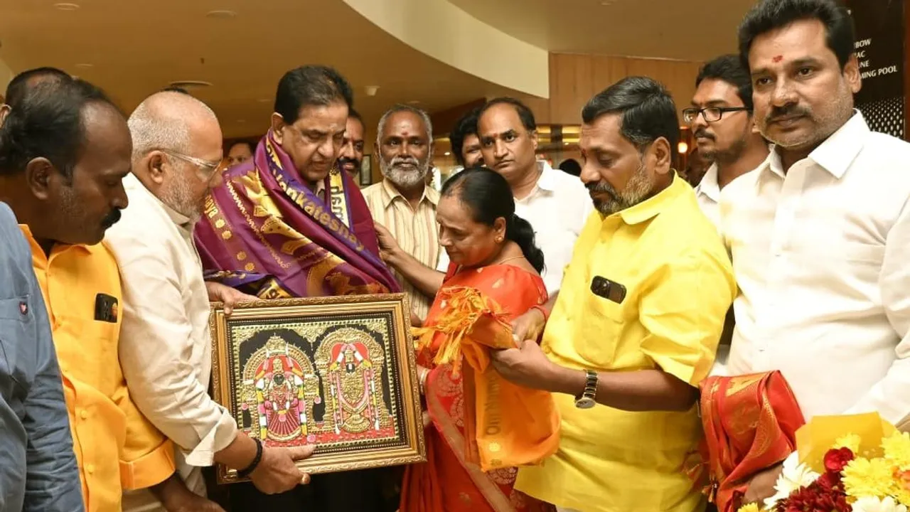 TTD Chairman-designate B.R. Naidu being received by TDP leaders on his arrival in Tirupati on Tuesday