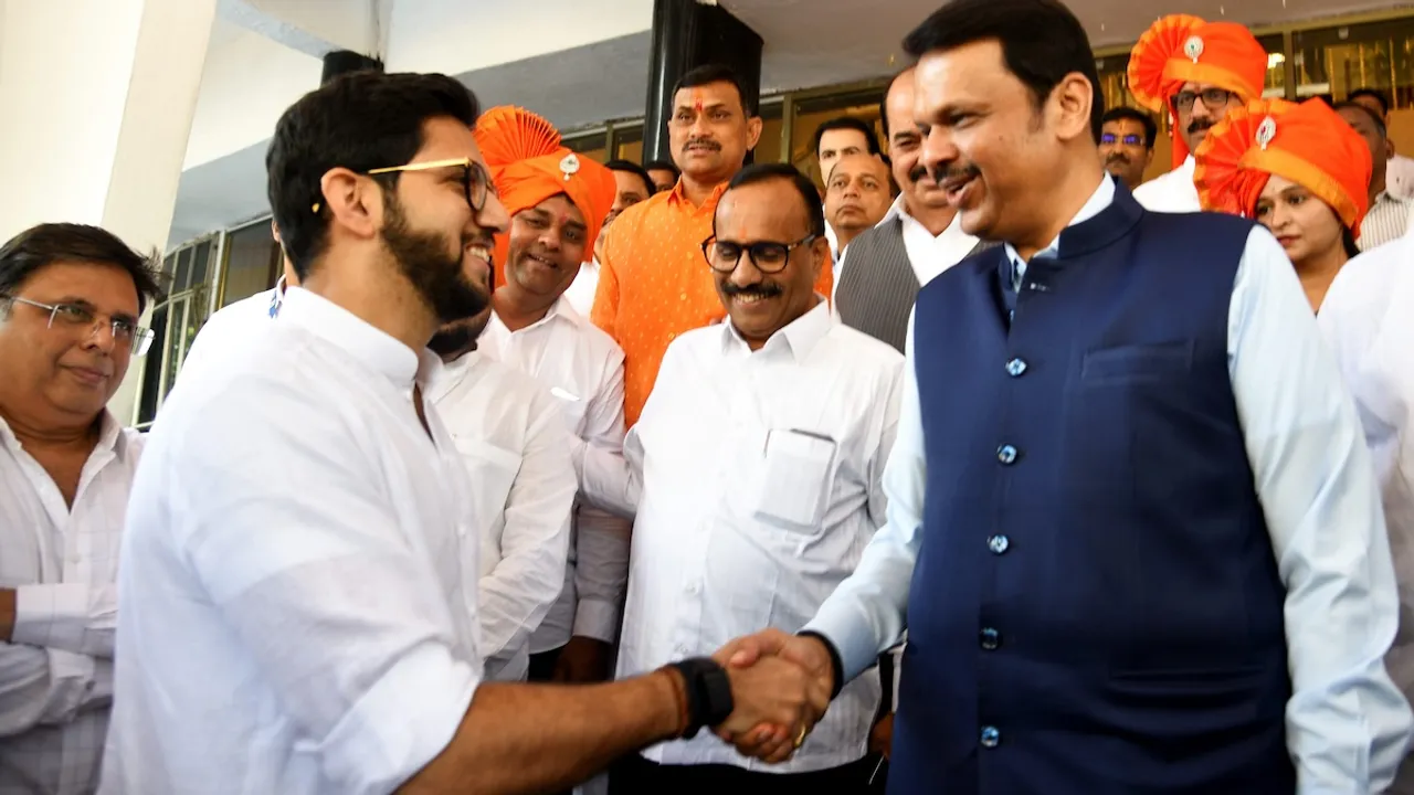 Maharashtra Chief Minister Devendra Fadnavis and Shiv Sena (UBT) leader Aaditya Thackeray during the Special session of Maharashtra Assembly, at Vidhan Bhavan in Mumbai on Saturday, Dec. 7, 2024.