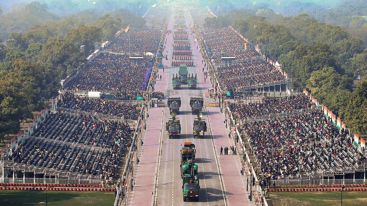 An aerial view of full dress rehearsal for the upcoming Republic Day Parade 2025 at the Kartavya Path on Jan. 23, 2025.