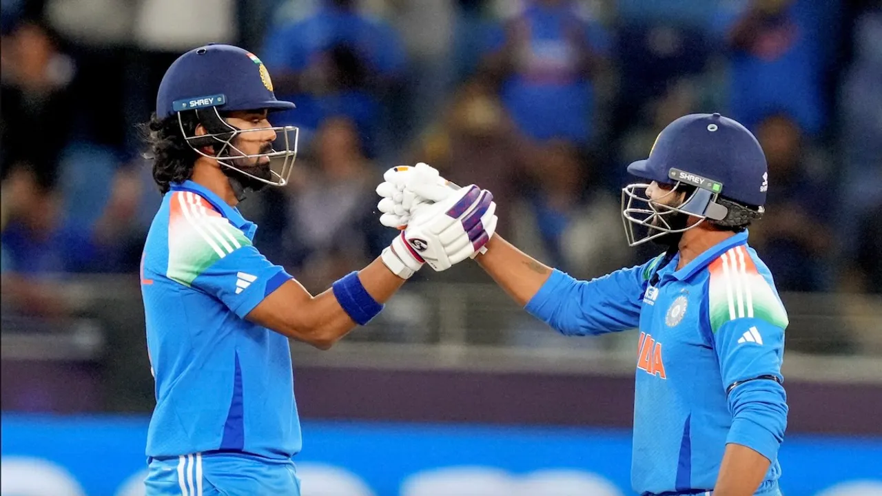 KL Rahul and Ravindra Jadeja congratulate each other as India defeat New Zealand to pick up Champions Trophy 2025 in Dubai on Sunday, March 9, 2025.