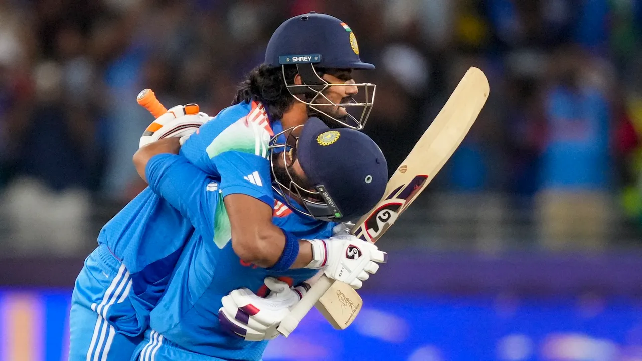 KL Rahul and R Jadeja celebrate their win against New Zealand in the ICC Champions Trophy 2025 final cricket match, in Dubai, UAE, Sunday, March 9, 2025. India won by 4 wickets to lift the ICC Champions Trophy 2025. 