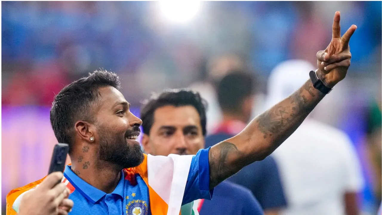 Hardik Pandya posing after wining Champions Trophy 2025 image