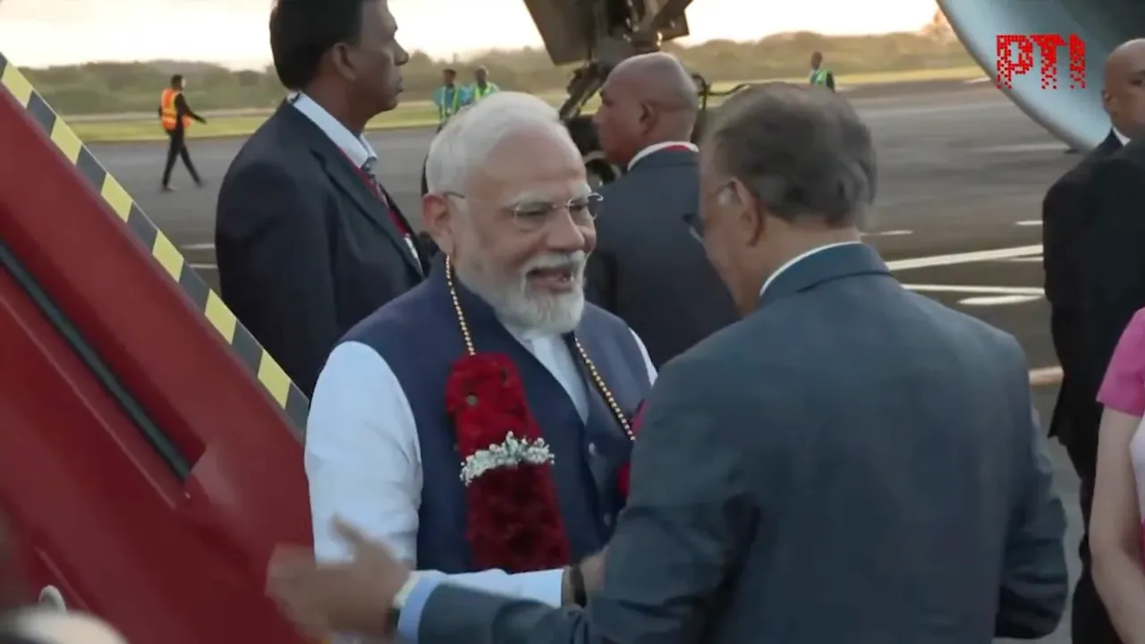 Prime Minister of Mauritius Navin Ramgoolam gives a warm welcome to Narendra Modi as he arrives in Mauritius for his two-day state visit on Tuesday, March 11, 2025.