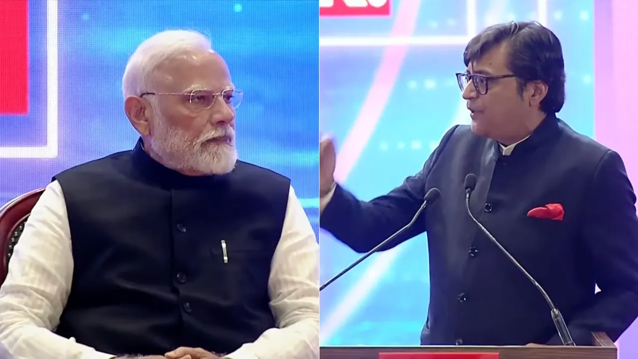 Prime Minister Narendra Modi and Arnab Goswami at the Republic Planery Summit held at Bharat Mandapam in New Delhi on Marh 6, 2025.