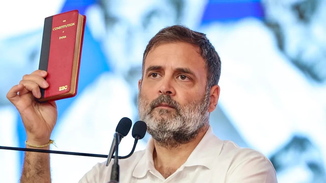 Rahul Gandhi addresses the AICC session on the banks of the Sabarmati river in Ahmedabad on Wednesday, April 9, 2025.
