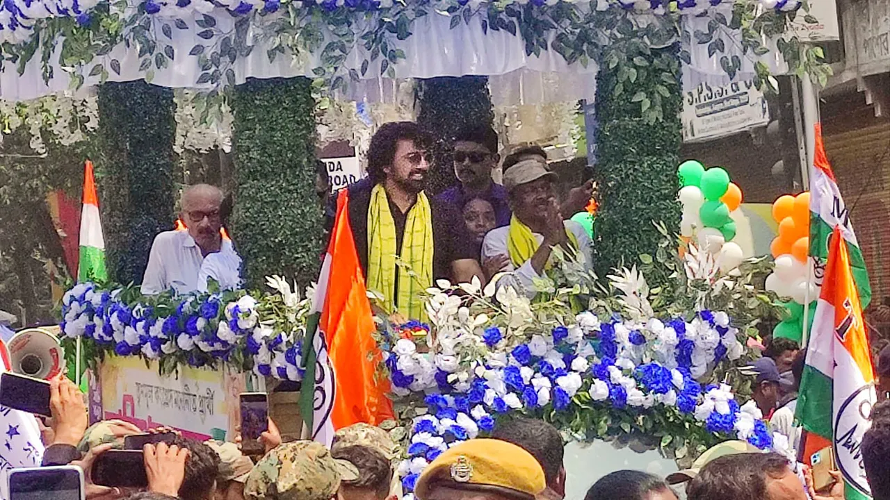 TMC MP and Lok Sabha candidate Dipak Adhikari alias Dev during a roadshow, at Ghatal in Purba Medinipur district, Tuesday, May 14, 2024