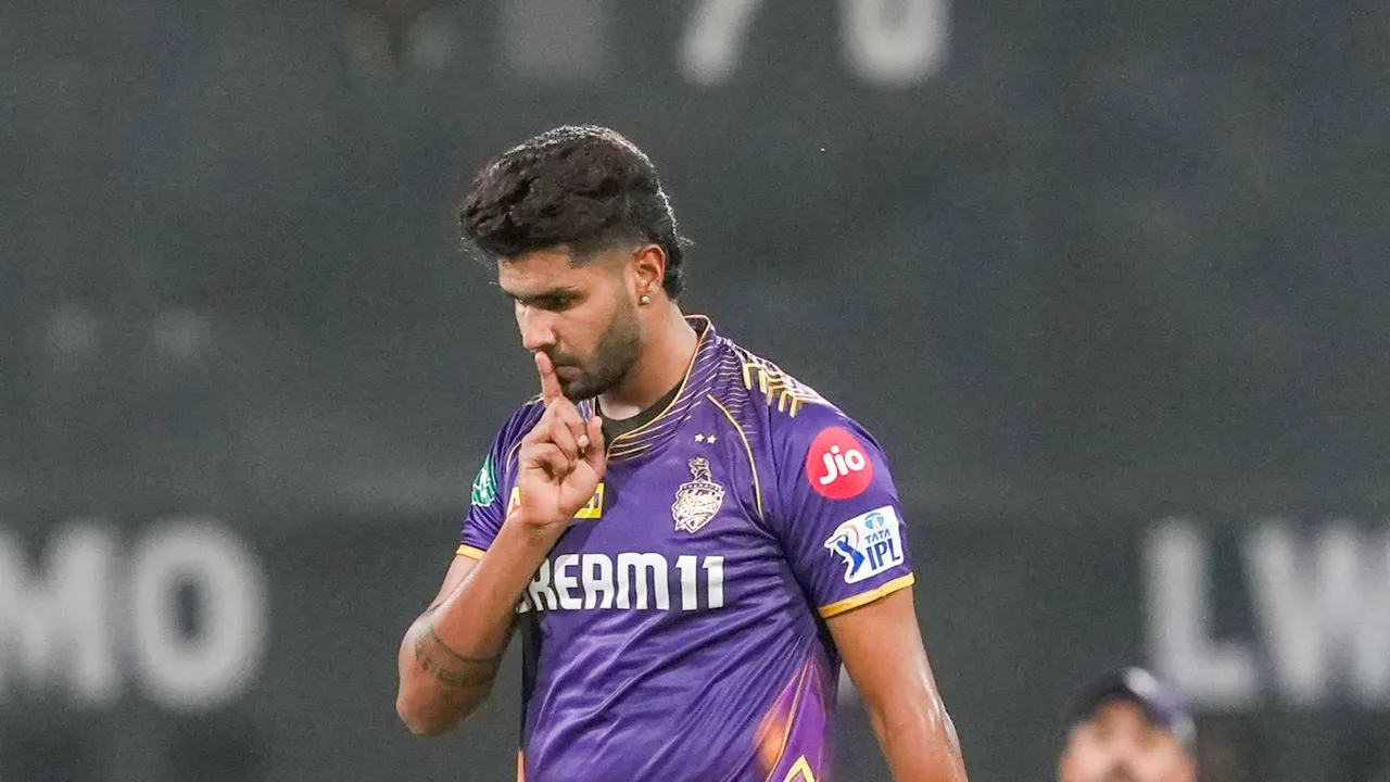 Kolkata Knight Riders player Harshit Rana during the Indian Premier League (IPL) 2024 T20 cricket match between Lucknow Super Giants and Kolkata Knight Riders, in Lucknow, Sunday, May 5, 2024